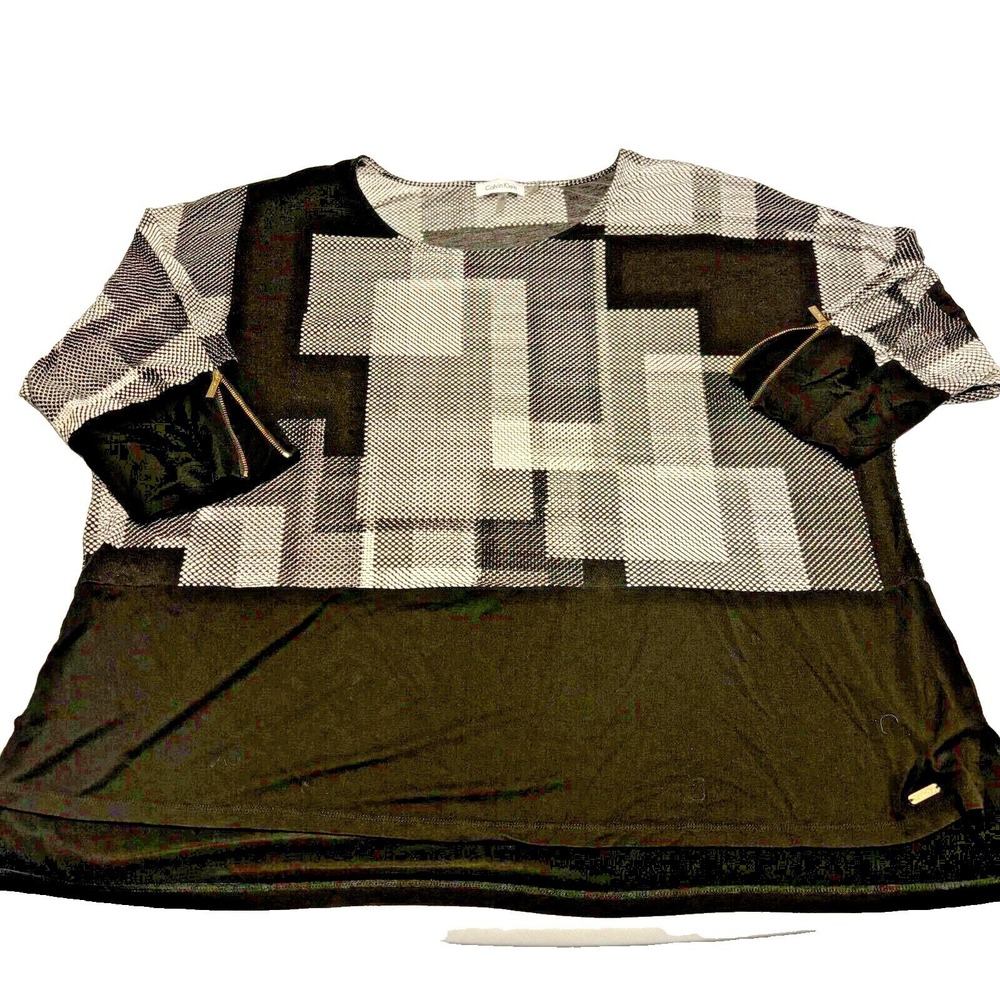 Calvin Klein Womens 3X Black White Geometric Zipper Cuff Blouse Top Plus Size‎